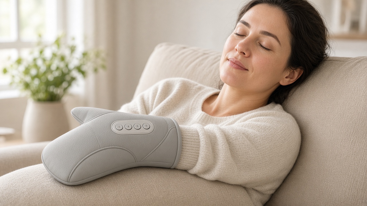 Woman resting on a sofa with a hand massager